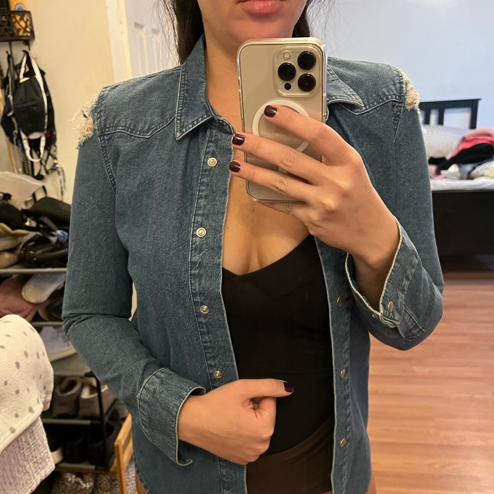 Denim button up top.